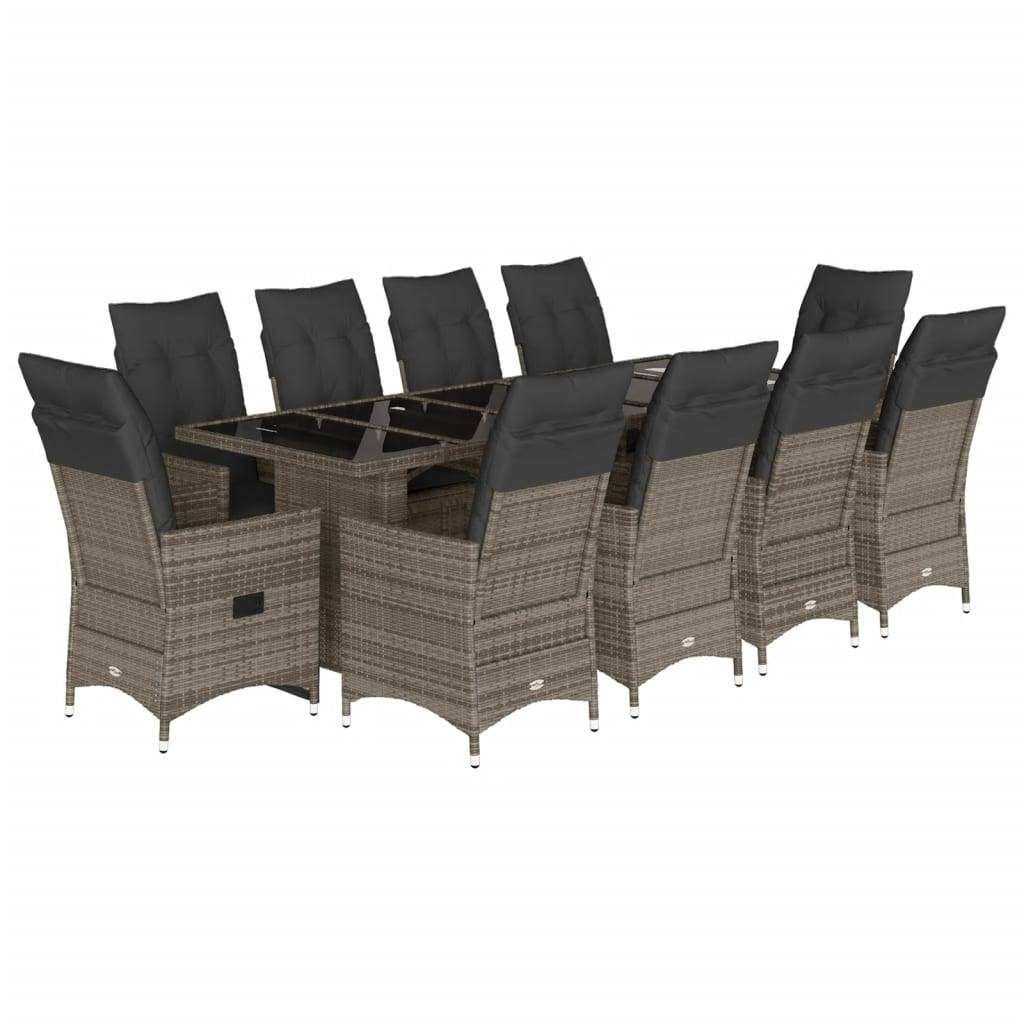 vidaXL 11-tlg. Garten-Bistro-Set mit Kissen Grau Poly Rattan