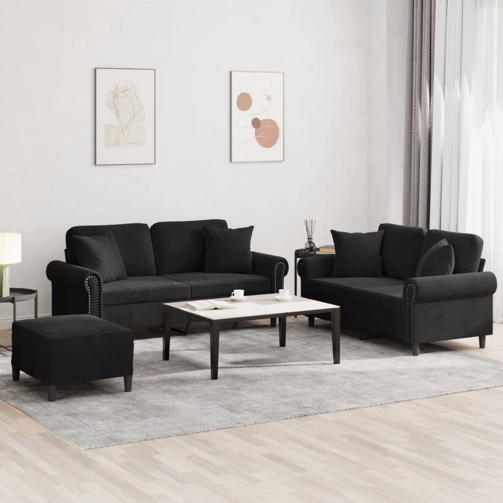 vidaXL 3-tlg. Sofagarnitur mit Kissen Schwarz Samt