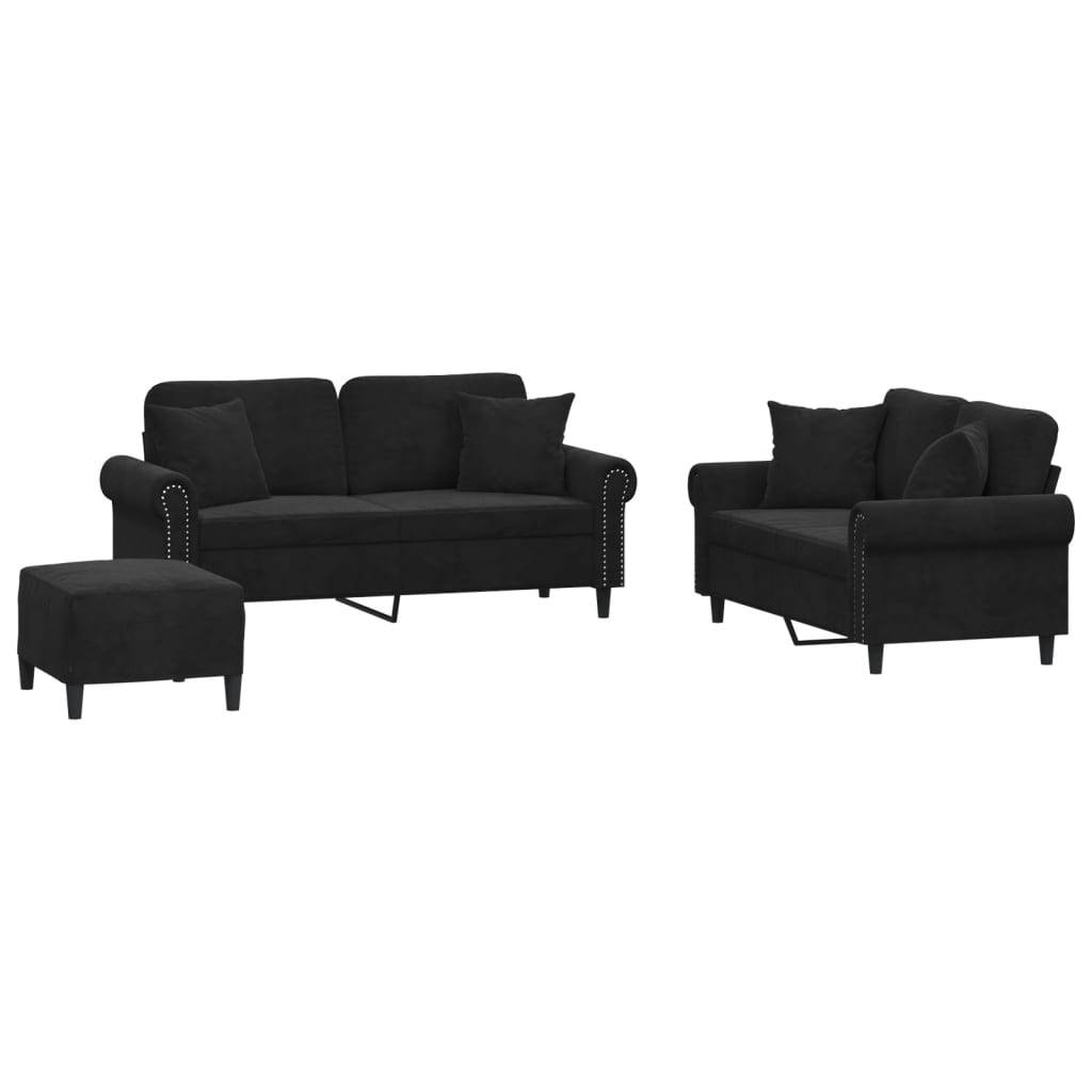 vidaXL 3-tlg. Sofagarnitur mit Kissen Schwarz Samt