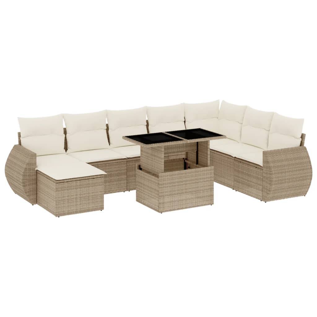 vidaXL 9-tlg. Garten-Sofagarnitur mit Kissen Beige Poly Rattan