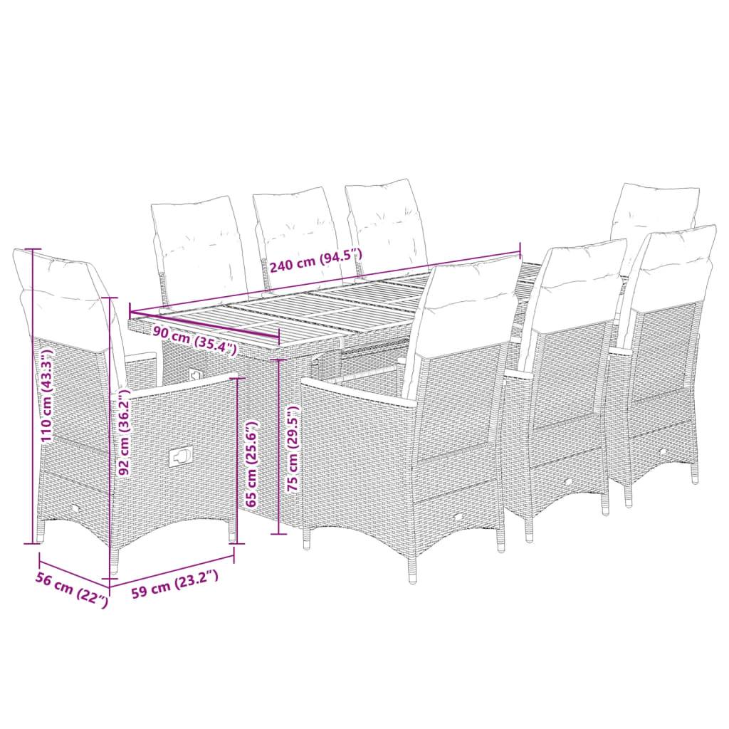 vidaXL 9-tlg. Garten-Bistro-Set mit Kissen Grau Poly Rattan