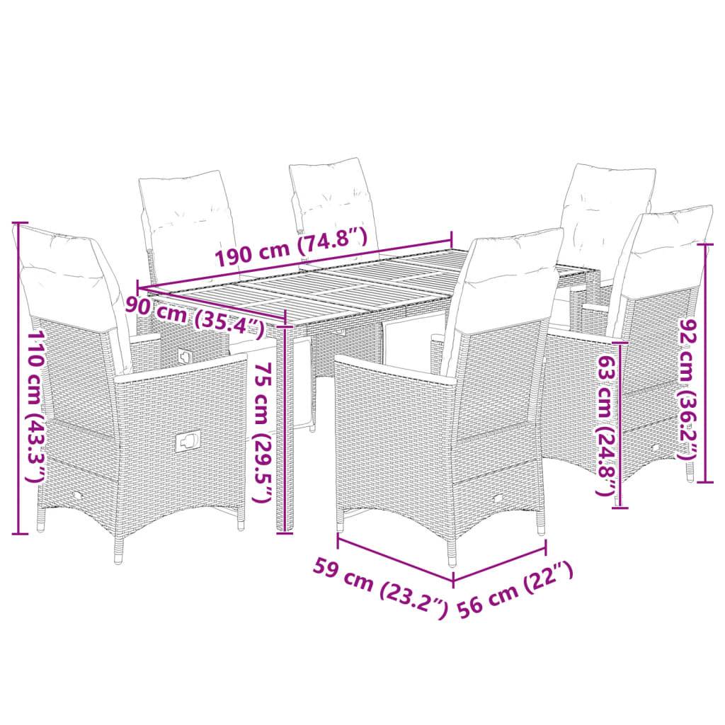 vidaXL 7-tlg. Garten-Bistro-Set mit Kissen Grau Poly Rattan