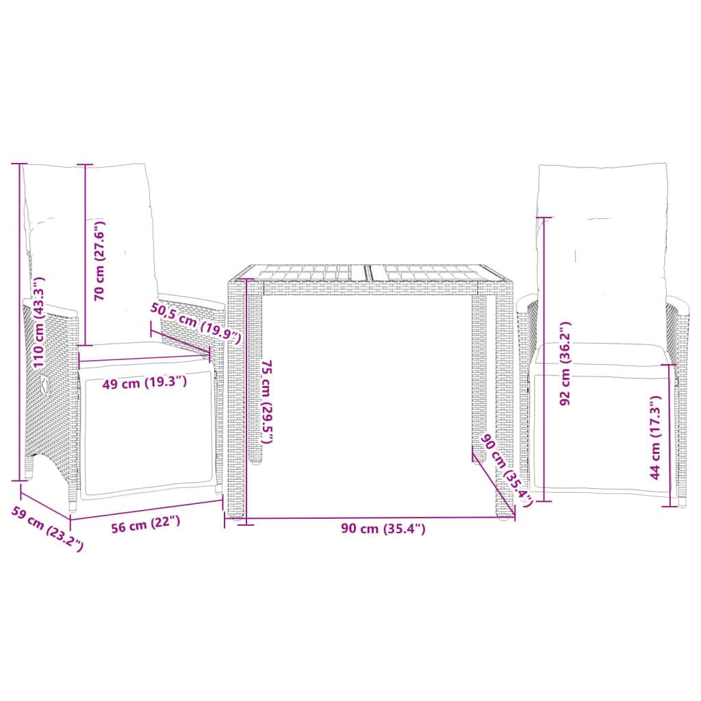 vidaXL 3-tlg. Garten-Bistro-Set mit Kissen Grau Poly Rattan