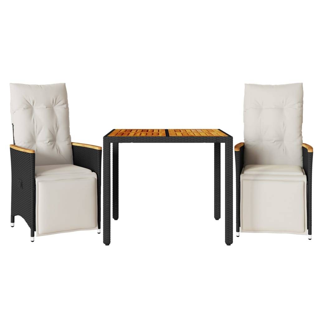vidaXL 3-tlg. Garten-Bistro-Set mit Kissen Schwarz Poly Rattan