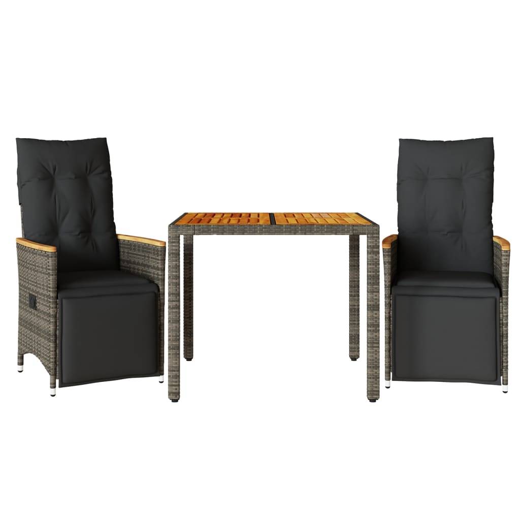 vidaXL 3-tlg. Garten-Bistro-Set mit Kissen Grau Poly Rattan