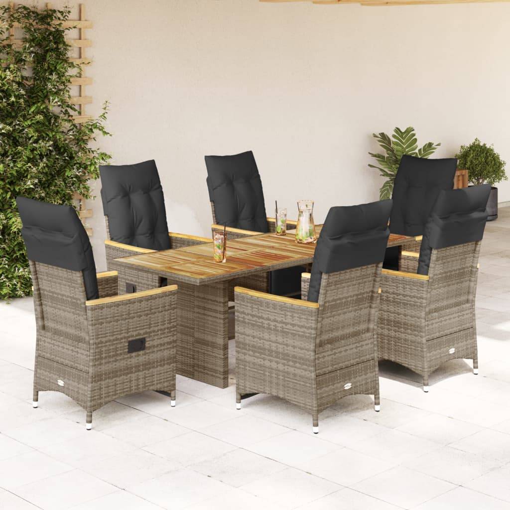 vidaXL 7-tlg. Garten-Bistro-Set mit Kissen Grau Poly Rattan
