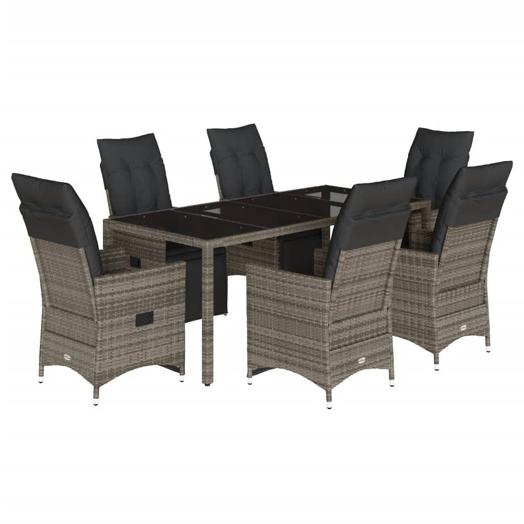 vidaXL 7-tlg. Garten-Bistro-Set mit Kissen Grau Poly Rattan