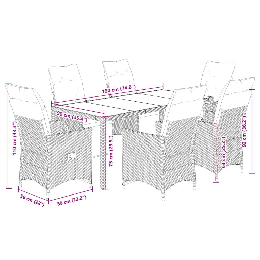 vidaXL 7-tlg. Garten-Bistro-Set mit Kissen Grau Poly Rattan