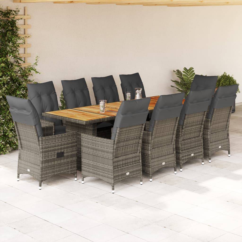 vidaXL 11-tlg. Garten-Bistro-Set mit Kissen Grau Poly Rattan
