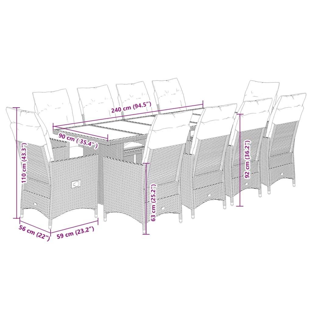 vidaXL 11-tlg. Garten-Bistro-Set mit Kissen Grau Poly Rattan