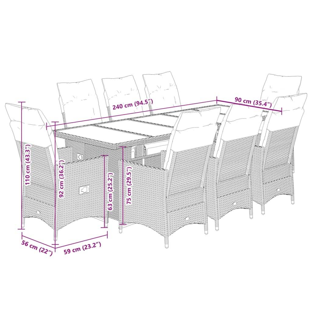 vidaXL 9-tlg. Garten-Bistro-Set mit Kissen Beige Poly Rattan