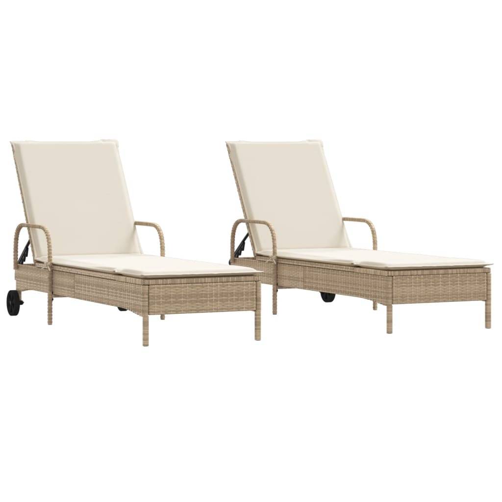 vidaXL Sonnenliegen mit Auflagen 2 Stk. Beige Poly-Rattan