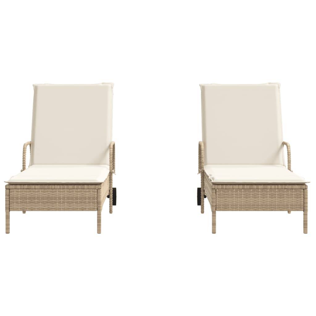 vidaXL Sonnenliegen mit Auflagen 2 Stk. Beige Poly-Rattan