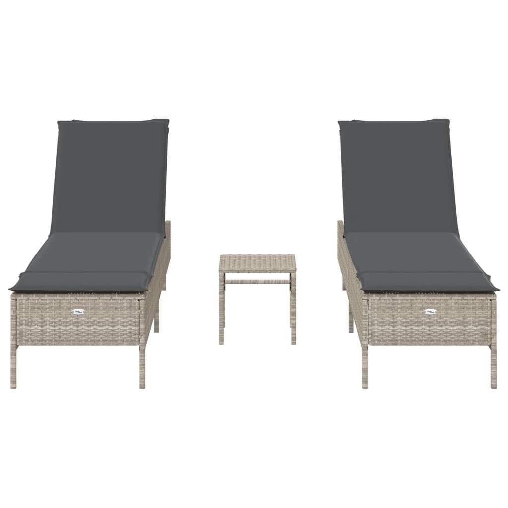 vidaXL 3-tlg. Sonnenliegen-Set mit Auflage Hellgrau Poly Rattan