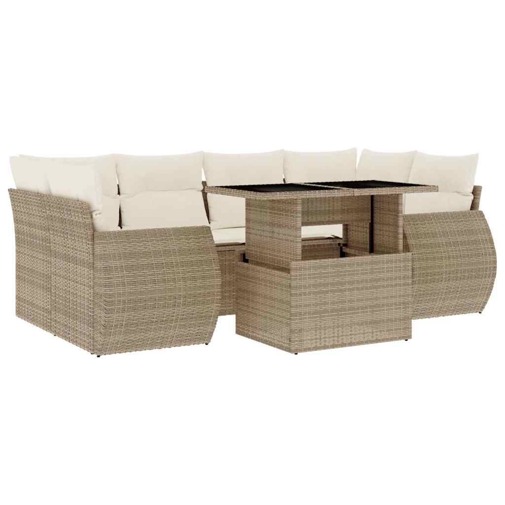 vidaXL 7-tlg. Garten-Sofagarnitur mit Kissen Beige Poly Rattan