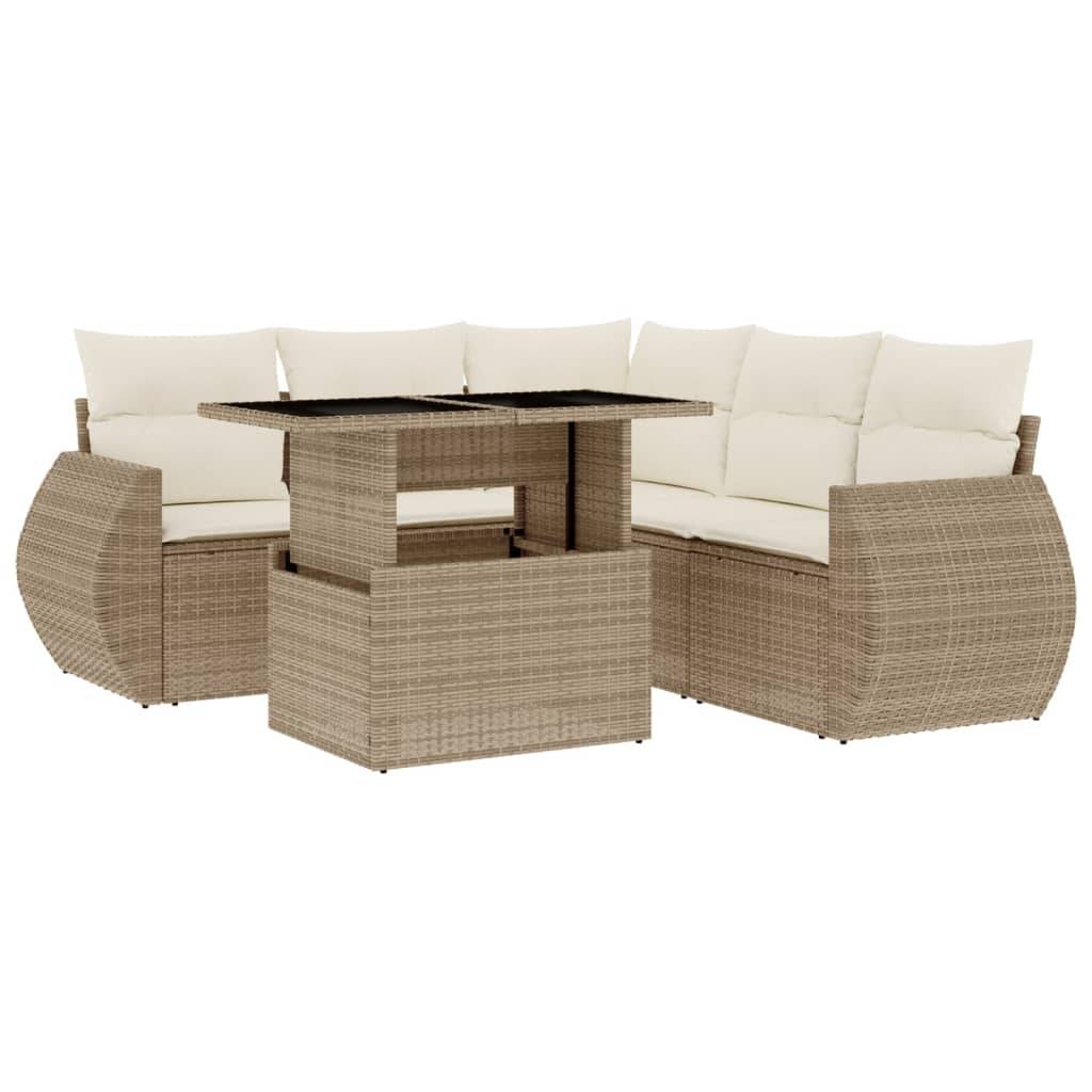 vidaXL 6-tlg. Garten-Sofagarnitur mit Kissen Beige Poly Rattan