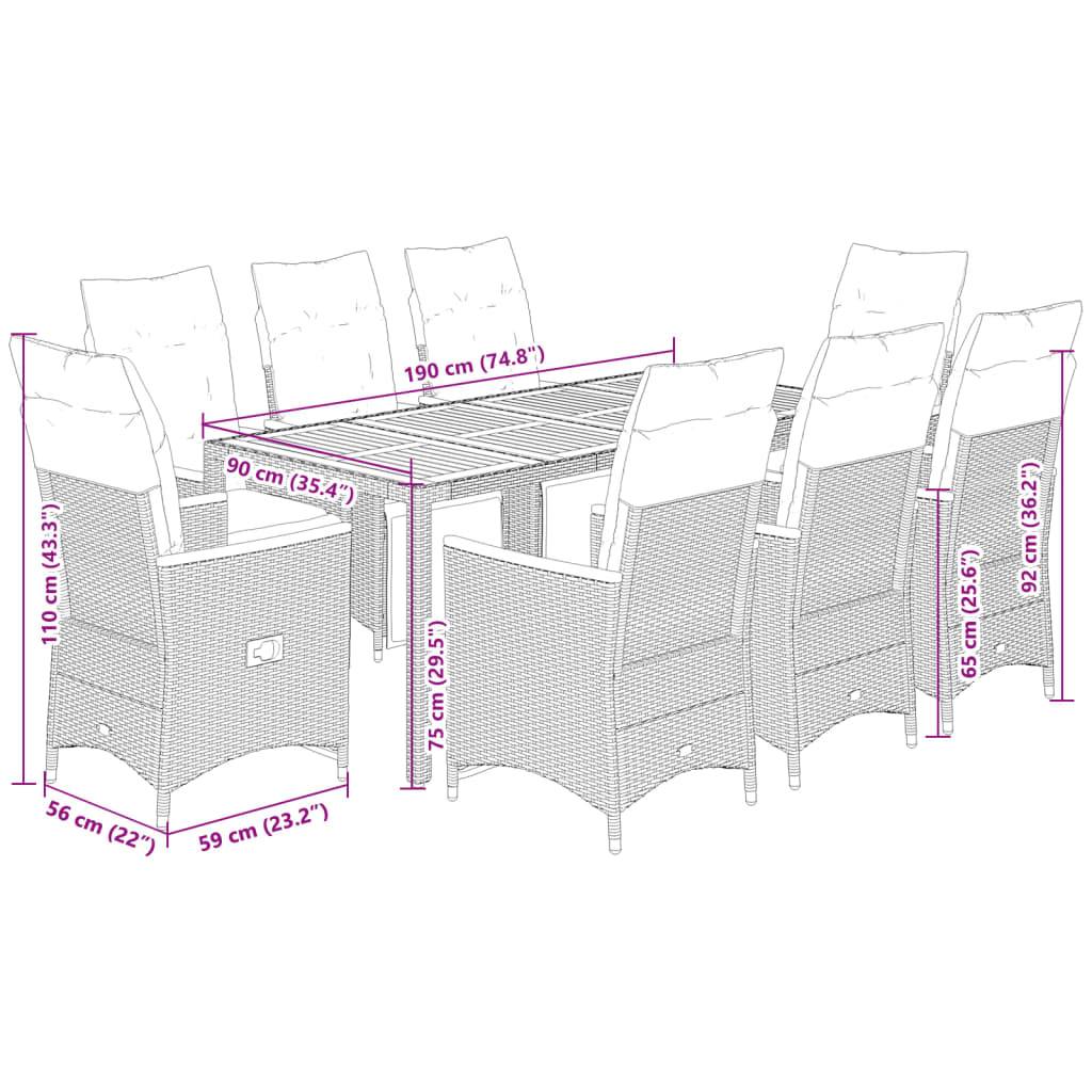 vidaXL 9-tlg. Garten-Bistro-Set mit Kissen Grau Poly Rattan
