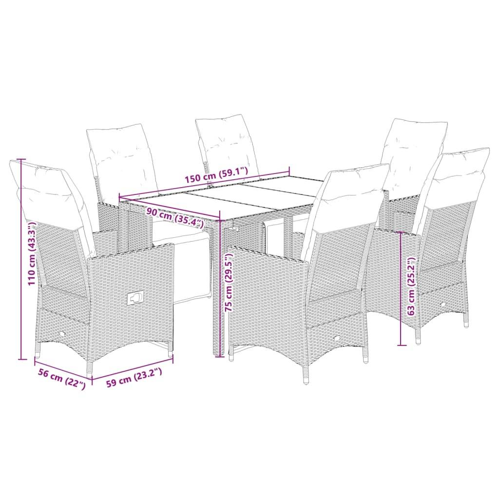 vidaXL 7-tlg. Garten-Essgruppe mit Kissen Schwarz Poly Rattan