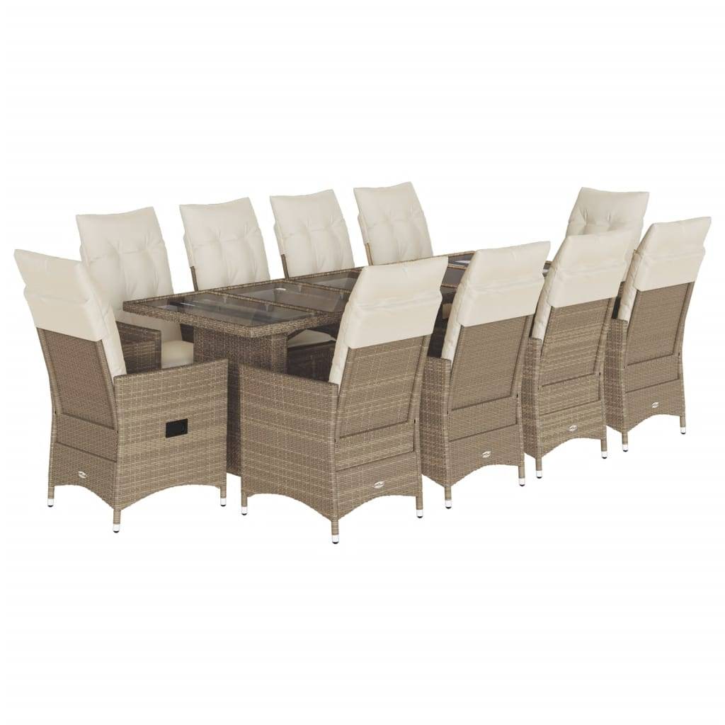 vidaXL 11-tlg. Garten-Bistro-Set mit Kissen Beige Poly Rattan