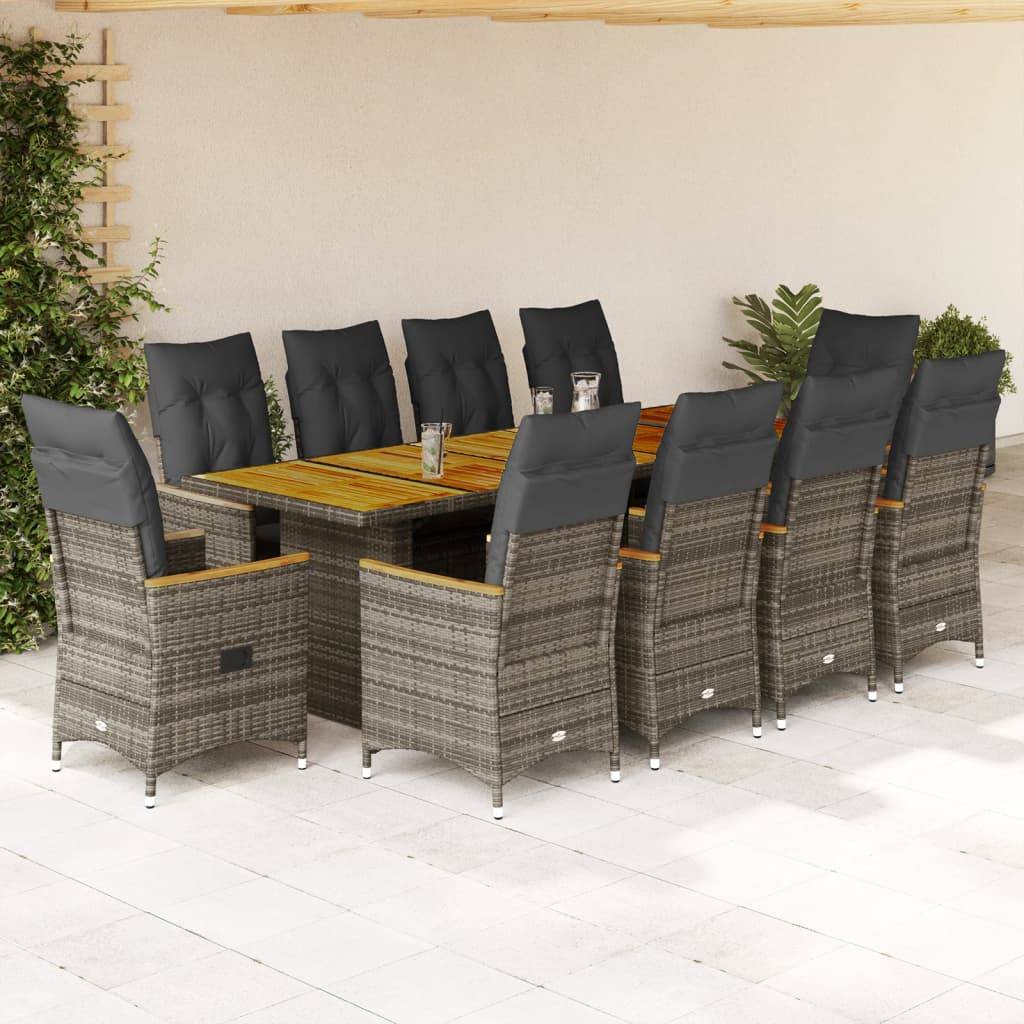 vidaXL 11-tlg. Garten-Bistro-Set mit Kissen Grau Poly Rattan