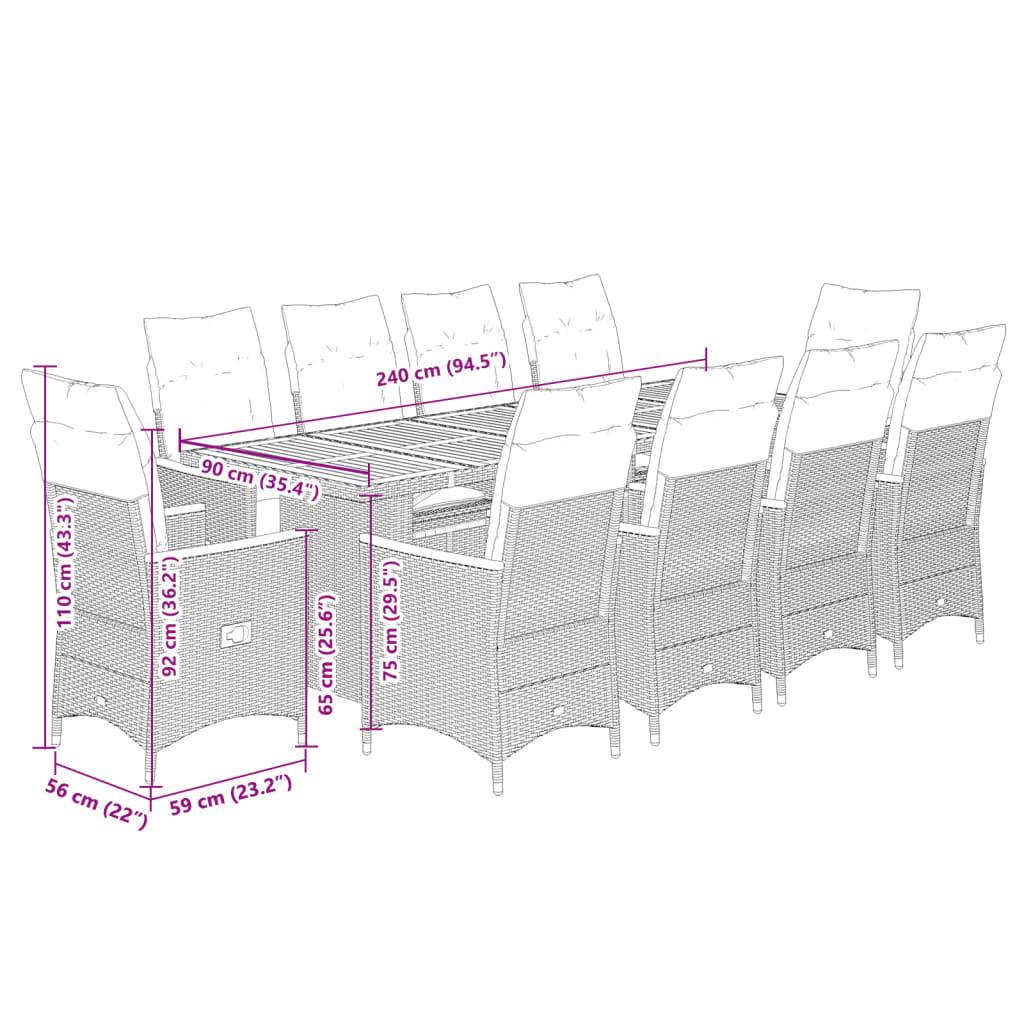 vidaXL 11-tlg. Garten-Bistro-Set mit Kissen Grau Poly Rattan