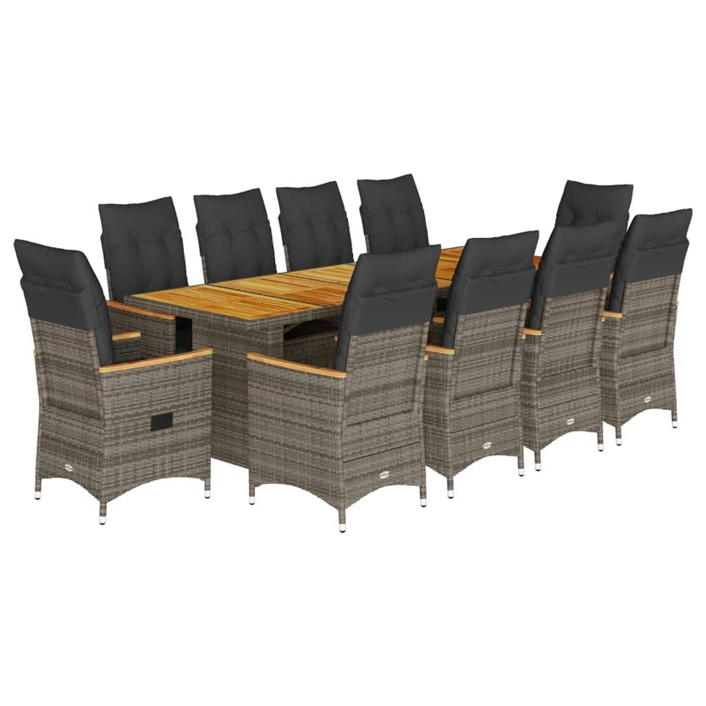 vidaXL 11-tlg. Garten-Bistro-Set mit Kissen Grau Poly Rattan