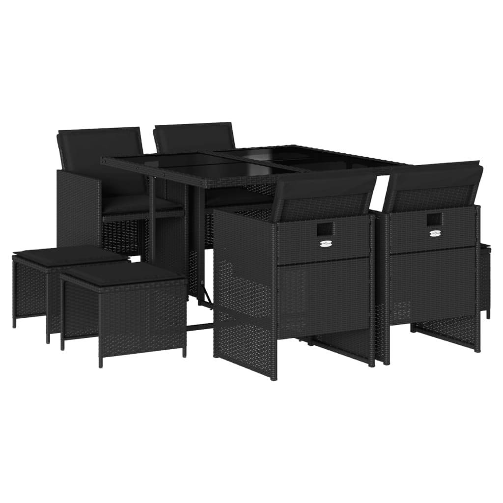 vidaXL 9-tlg. Garten-Essgruppe mit Kissen Schwarz Poly Rattan