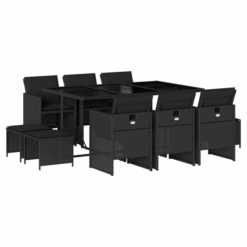 vidaXL 11-tlg. Garten-Essgruppe mit Kissen Schwarz Poly Rattan