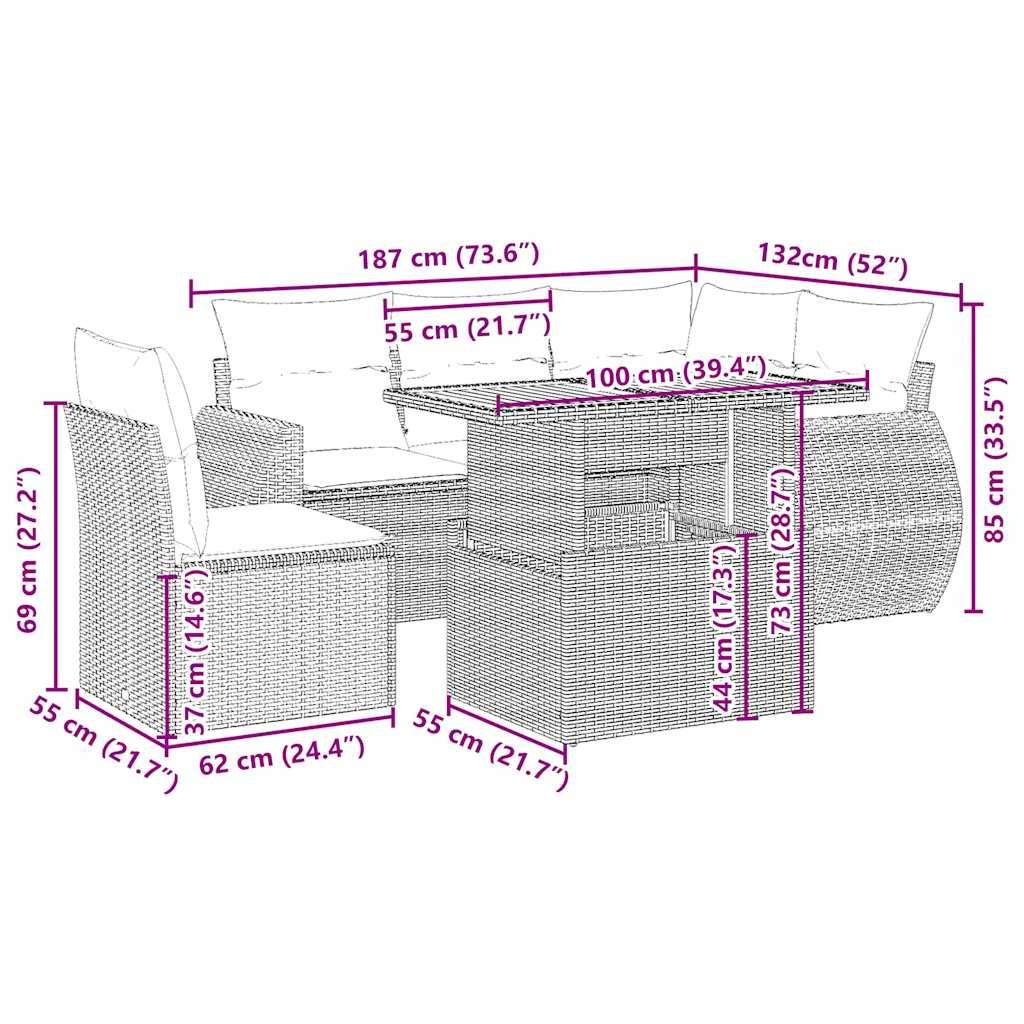 vidaXL 6-tlg. Garten-Sofagarnitur mit Kissen Beige Poly Rattan