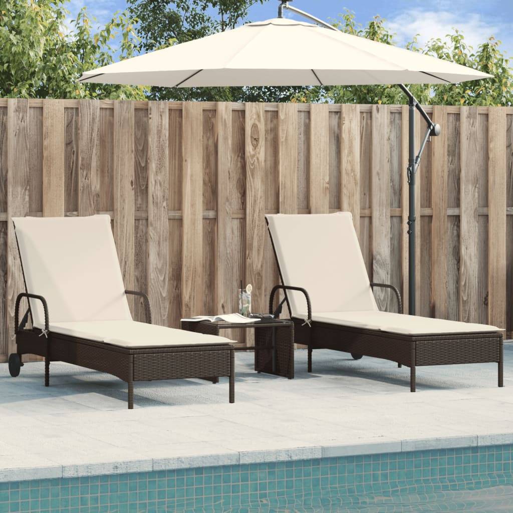 vidaXL Sonnenliegen mit Auflagen 2 Stk. Braun Poly-Rattan