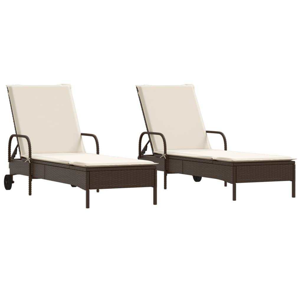 vidaXL Sonnenliegen mit Auflagen 2 Stk. Braun Poly-Rattan