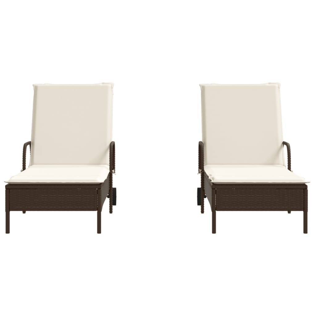 vidaXL Sonnenliegen mit Auflagen 2 Stk. Braun Poly-Rattan