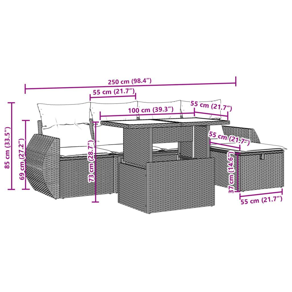 vidaXL 6-tlg. Garten-Sofagarnitur mit Kissen Grau Poly Rattan