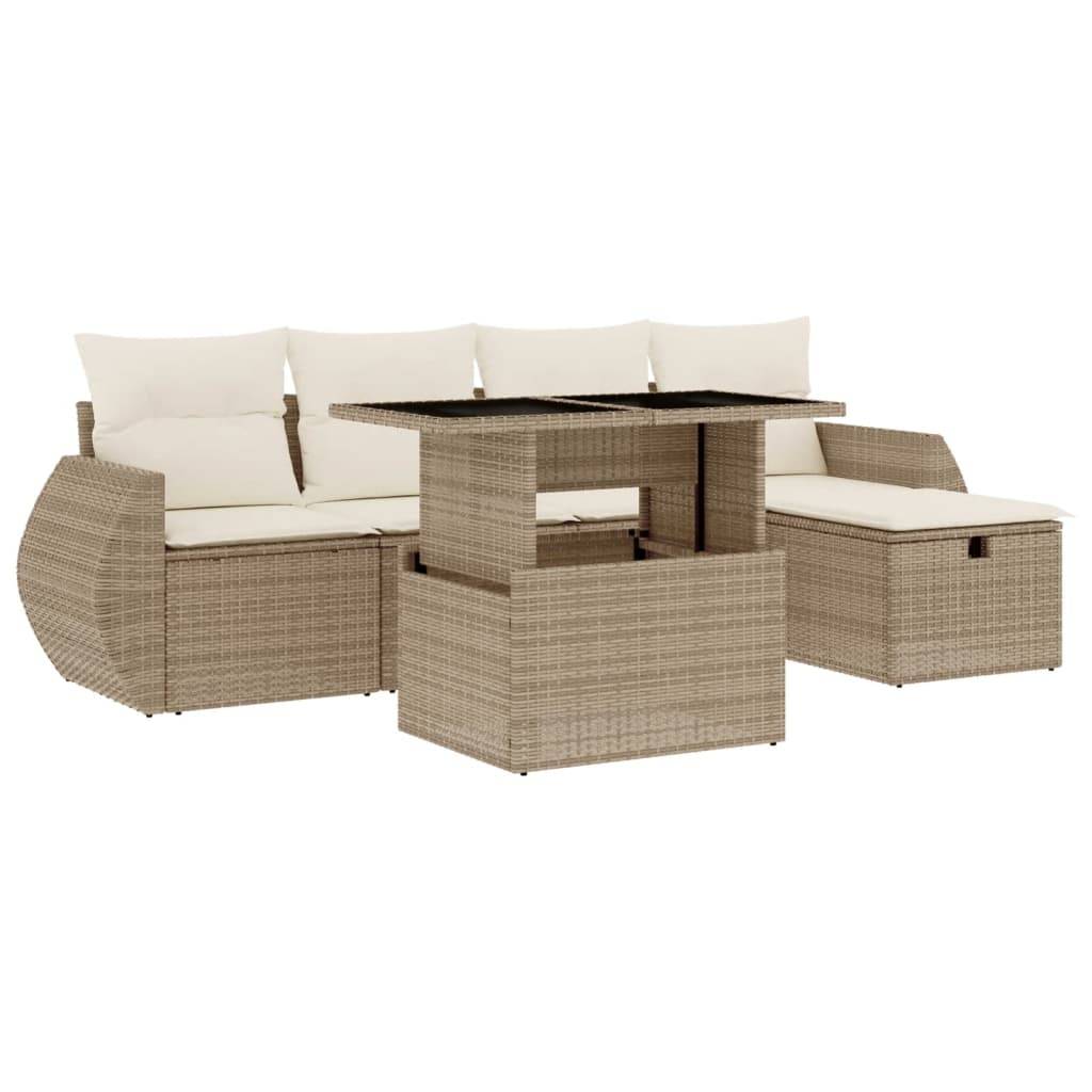 vidaXL 6-tlg. Garten-Sofagarnitur mit Kissen Beige Poly Rattan