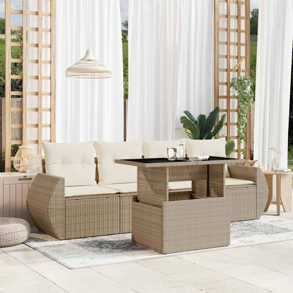 vidaXL 5-tlg. Garten-Sofagarnitur mit Kissen Beige Poly Rattan