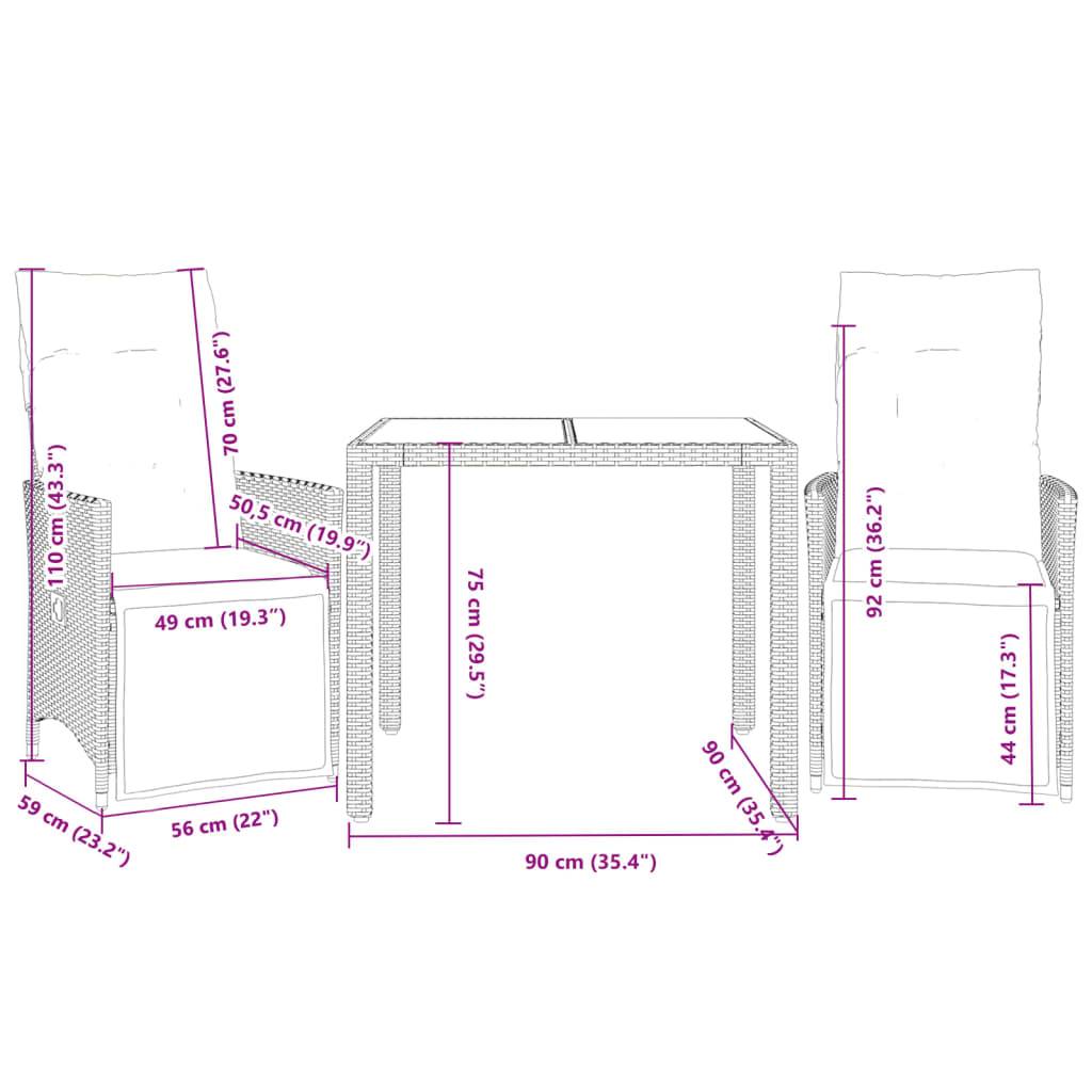 vidaXL 3-tlg. Garten-Bistro-Set mit Kissen Braun Poly Rattan