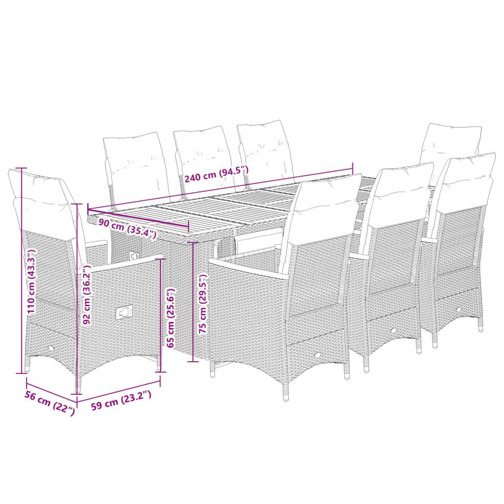 vidaXL 9-tlg. Garten-Bistro-Set mit Kissen Grau Poly Rattan