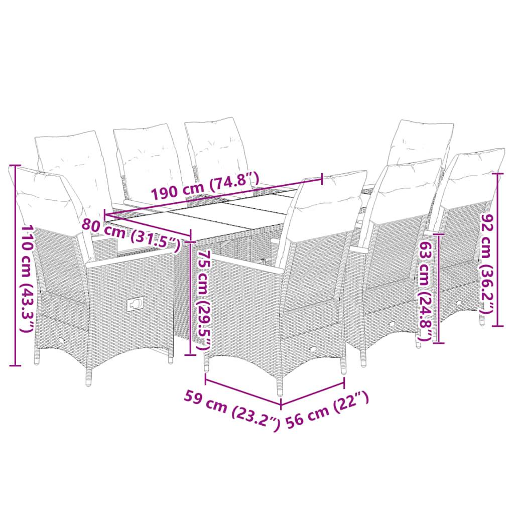 vidaXL 9-tlg. Garten-Bistro-Set mit Kissen Grau Poly Rattan