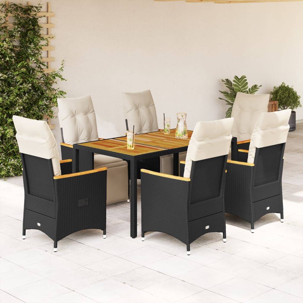 vidaXL 7-tlg. Garten-Bistro-Set mit Kissen Schwarz Poly Rattan