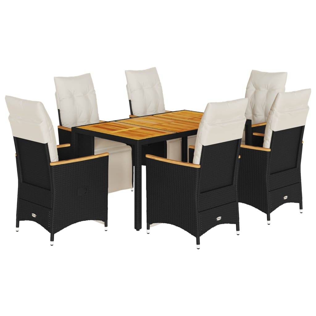 vidaXL 7-tlg. Garten-Bistro-Set mit Kissen Schwarz Poly Rattan