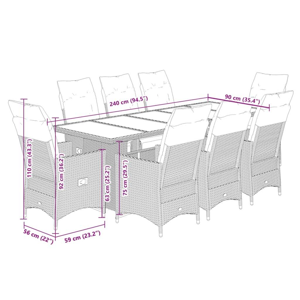 vidaXL 9-tlg. Garten-Bistro-Set mit Kissen Grau Poly Rattan