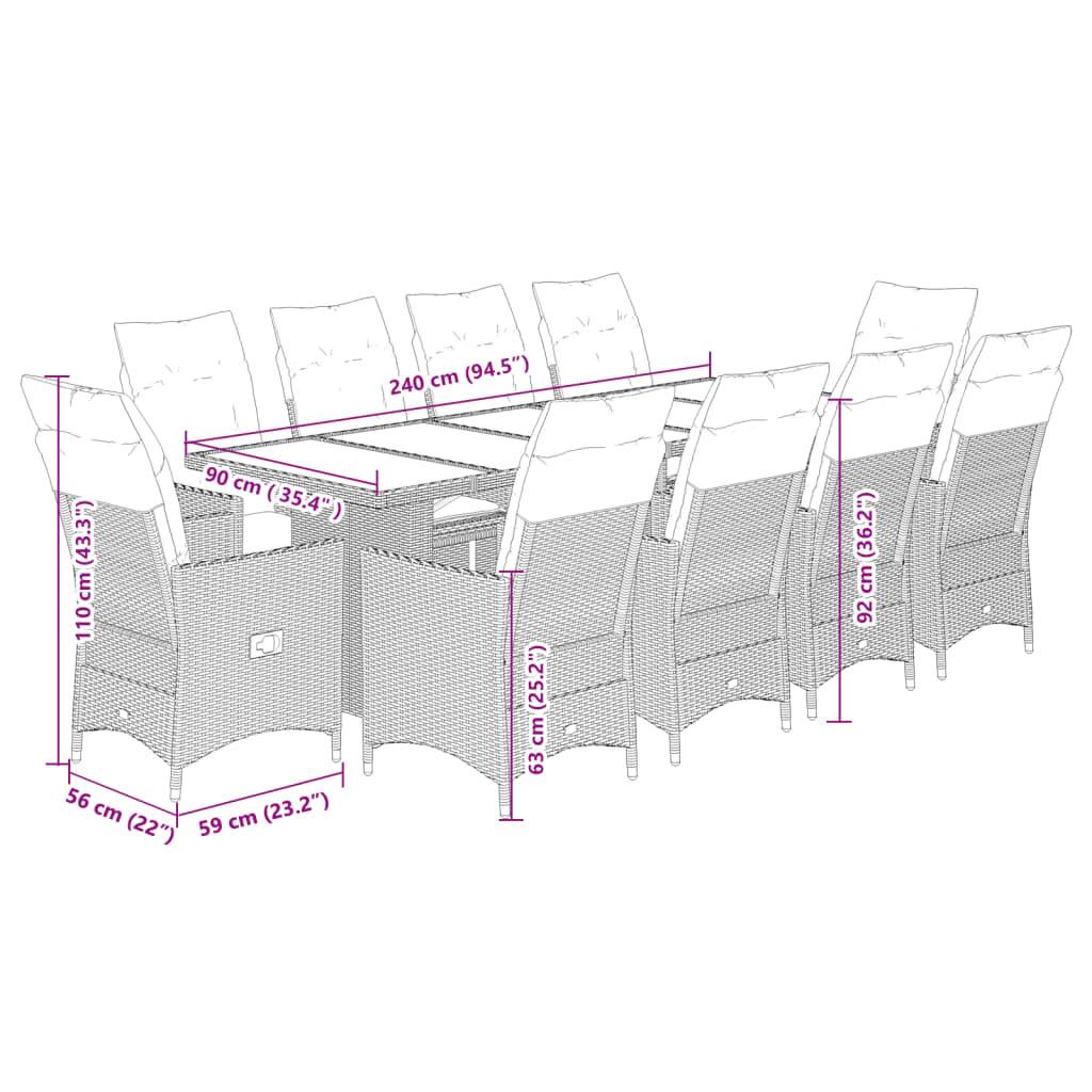 vidaXL 11-tlg. Garten-Bistro-Set mit Kissen Grau Poly Rattan