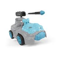 Graues Spielzeugfahrzeug mit blauem Schleim, der darüber läuft, gezeigt mit einem abnehmbaren blau-schwarzen Werfer oben.