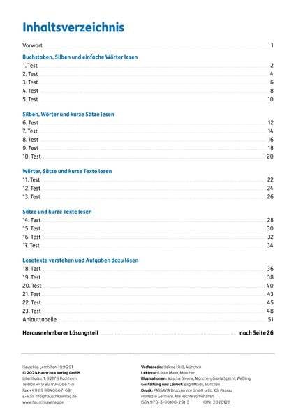 Übungsheft mit Lesetests in Deutsch 1. Klasse