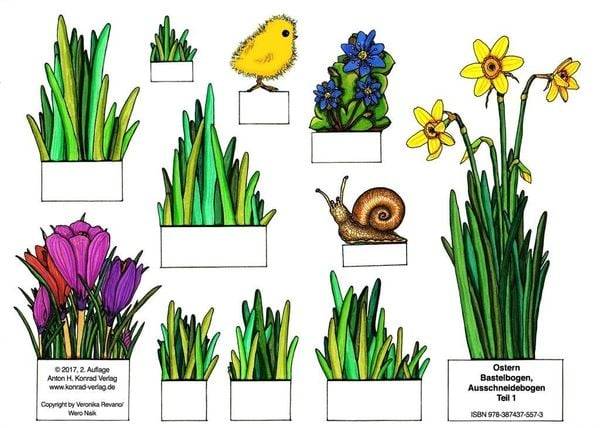 Ostern - Bastelbogen, Ausschneidebogen. Osterhase, Ostereier, Küken und Blumen zum Basteln.