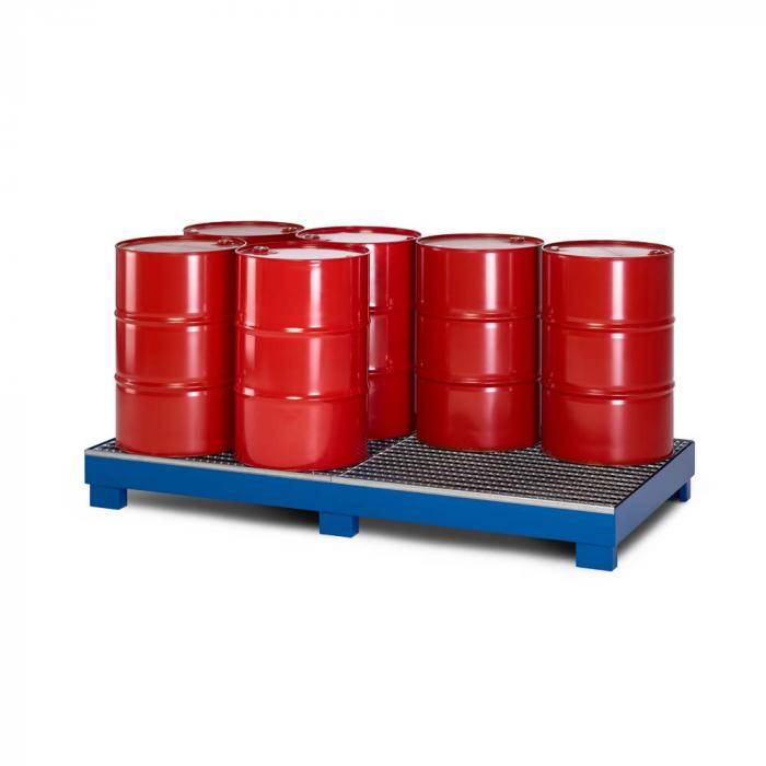 Auffangwanne Typ RWG-8 aus Stahl - mit Gitterrost - passend für 8x 200 Liter Fass - Unterfahrhöhe 100 mm - RAL 5010 enzianblau