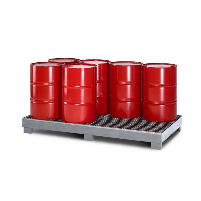 Auffangwanne Typ RWG-8 aus Stahl - mit Gitterrost - passend für 8x 200 Liter Fass - Unterfahrhöhe 100 mm - verzinkt