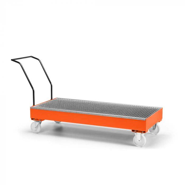 Fahrbare Auffangwanne Typ RFW - Stahl - mit Gitterrost - für 3 x 200 Liter Fass - Rad-Ø 175 mm aus Polyamid - RAL 2004 reinorange