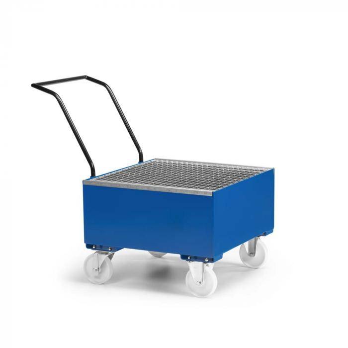 Fahrbare Auffangwanne Typ RFW - Stahl - mit Gitterrost - für 1 x 200 Liter Fass - Rad-Ø 175 mm aus Polyamid - RAL 5010 enzianblau