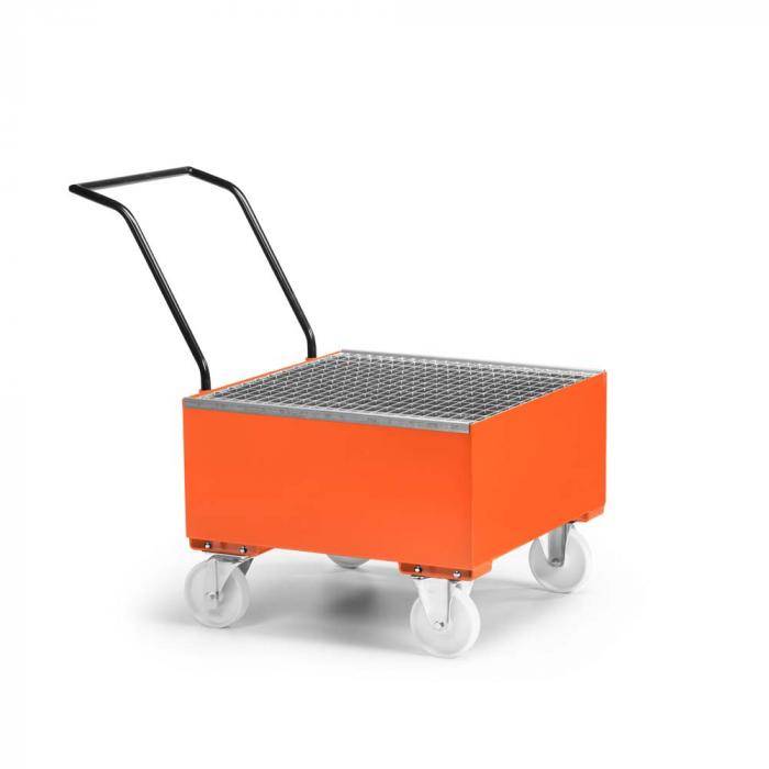 Fahrbare Auffangwanne Typ RFW - Stahl - mit Gitterrost - für 1 x 200 Liter Fass - Rad-Ø 175 mm aus Polyamid - RAL 2004 reinorange